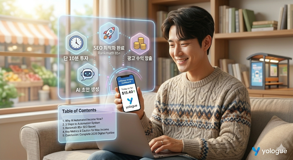 AI 수익형 블로그 부업 자동화 시스템 구조도, 부업으로 수익을 내는 귀여운 로봇